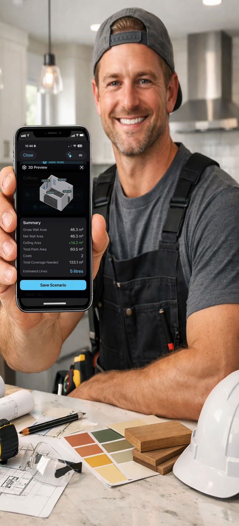 Contractor reviewing material quantities from an iPhone LiDAR room capture