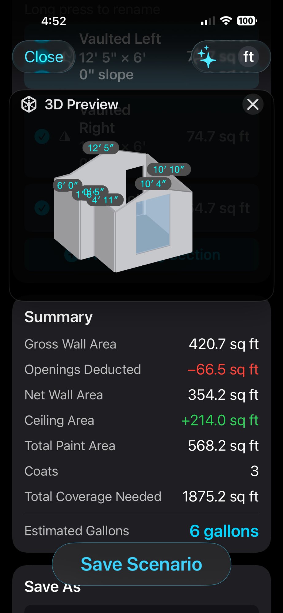 Coating volume tool showing wall area, coats, and estimated gallons