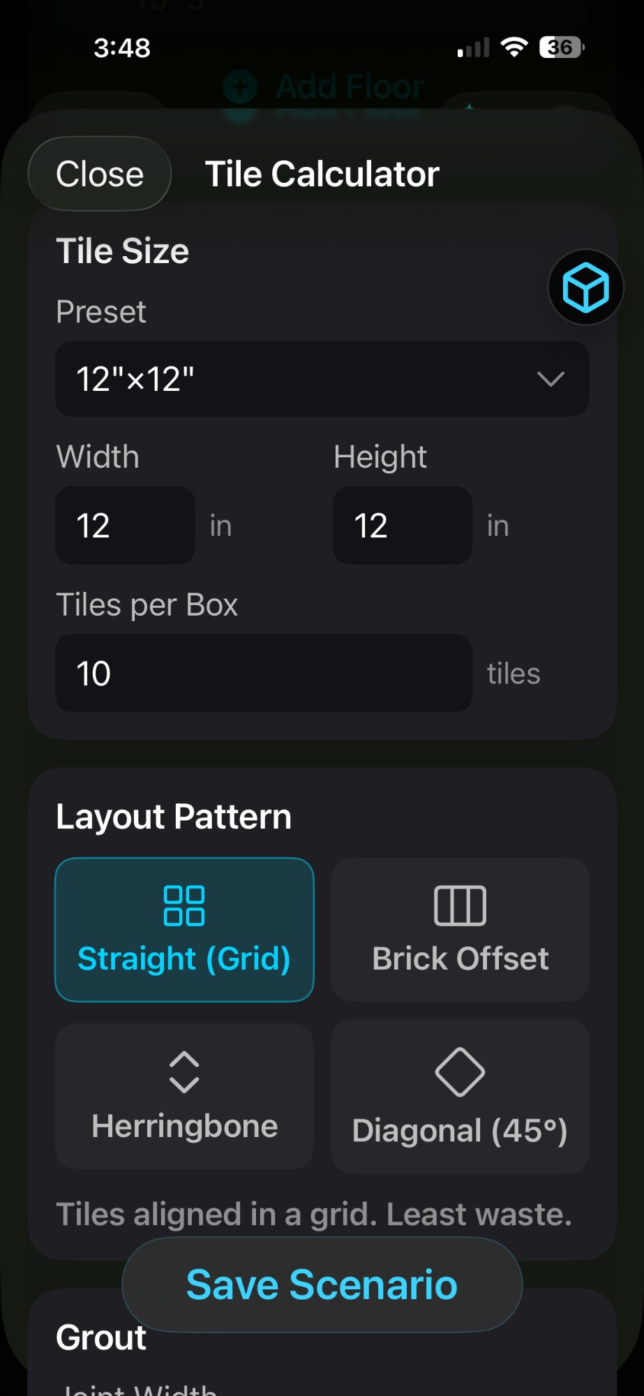 محاسبه‌گر کاشی با الگوهای چیدمان، برآورد دوغاب و تعداد جعبه