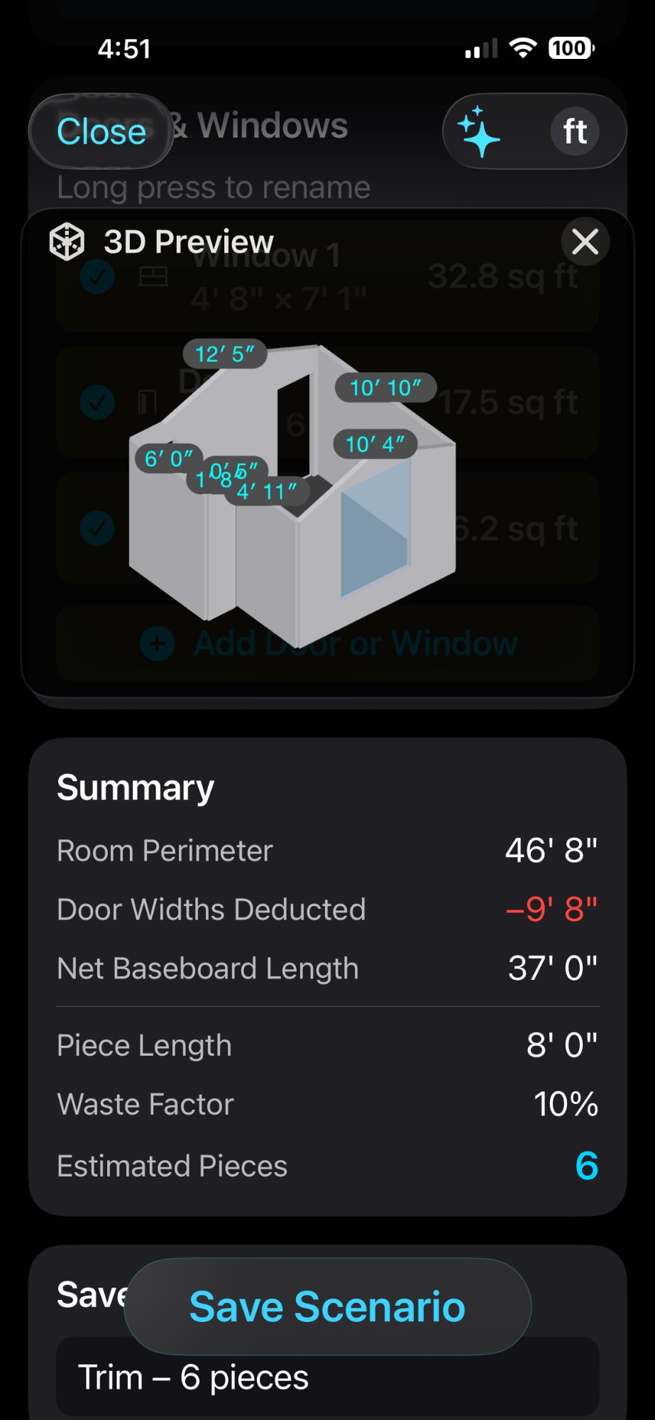 Baseboard and millwork tool showing linear footage, door deductions, and piece counts