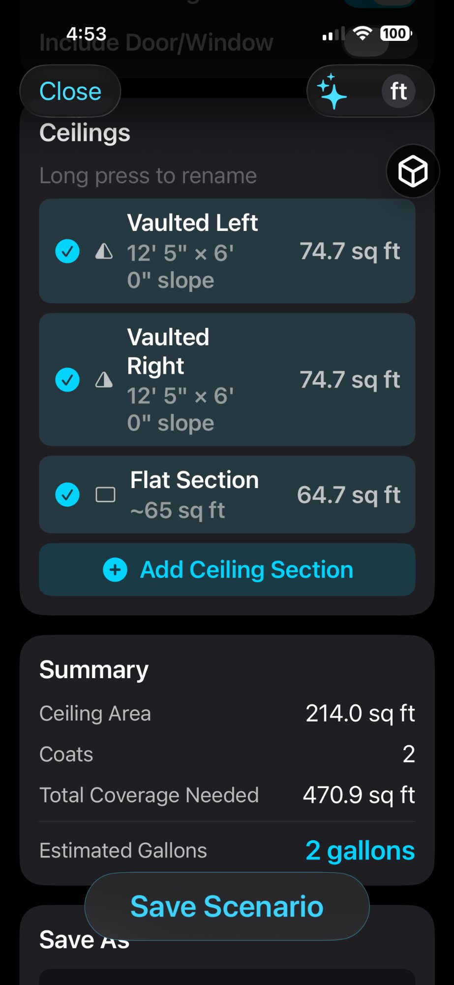 PDF report and project sharing for room dimensions and material totals