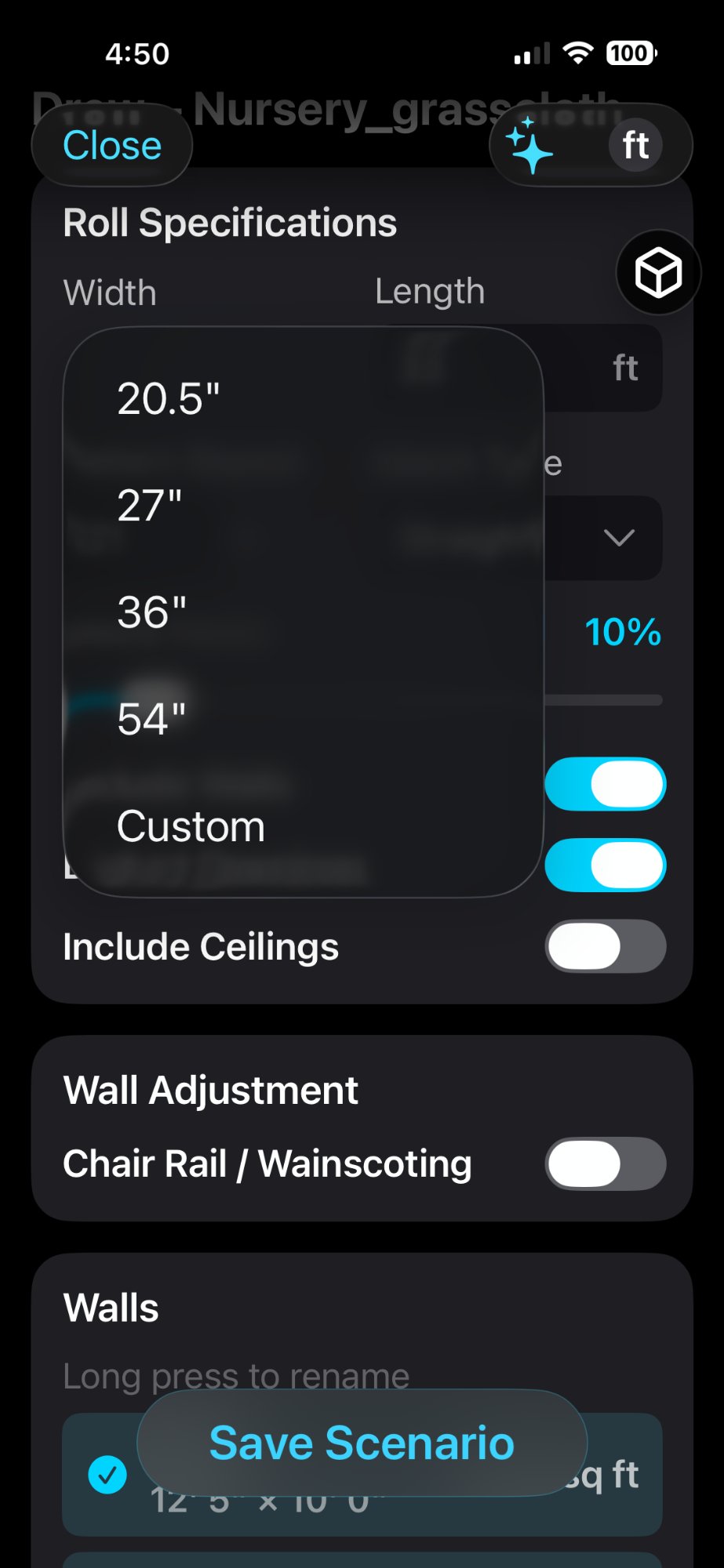 Wall covering estimator showing roll counts with pattern repeat and match type
