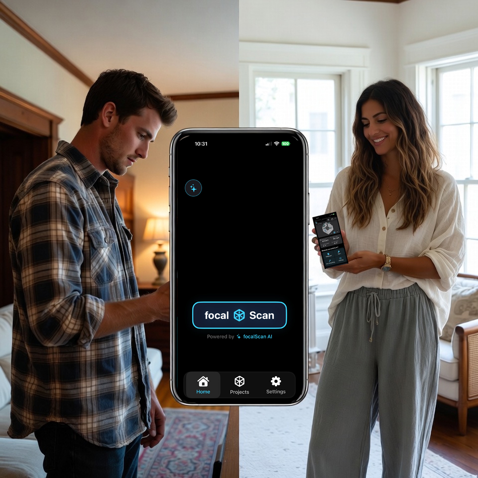 iPhone LiDAR scanning a room — square footage calculator, paint calculator, flooring calculator, and wallpaper roll calculator 