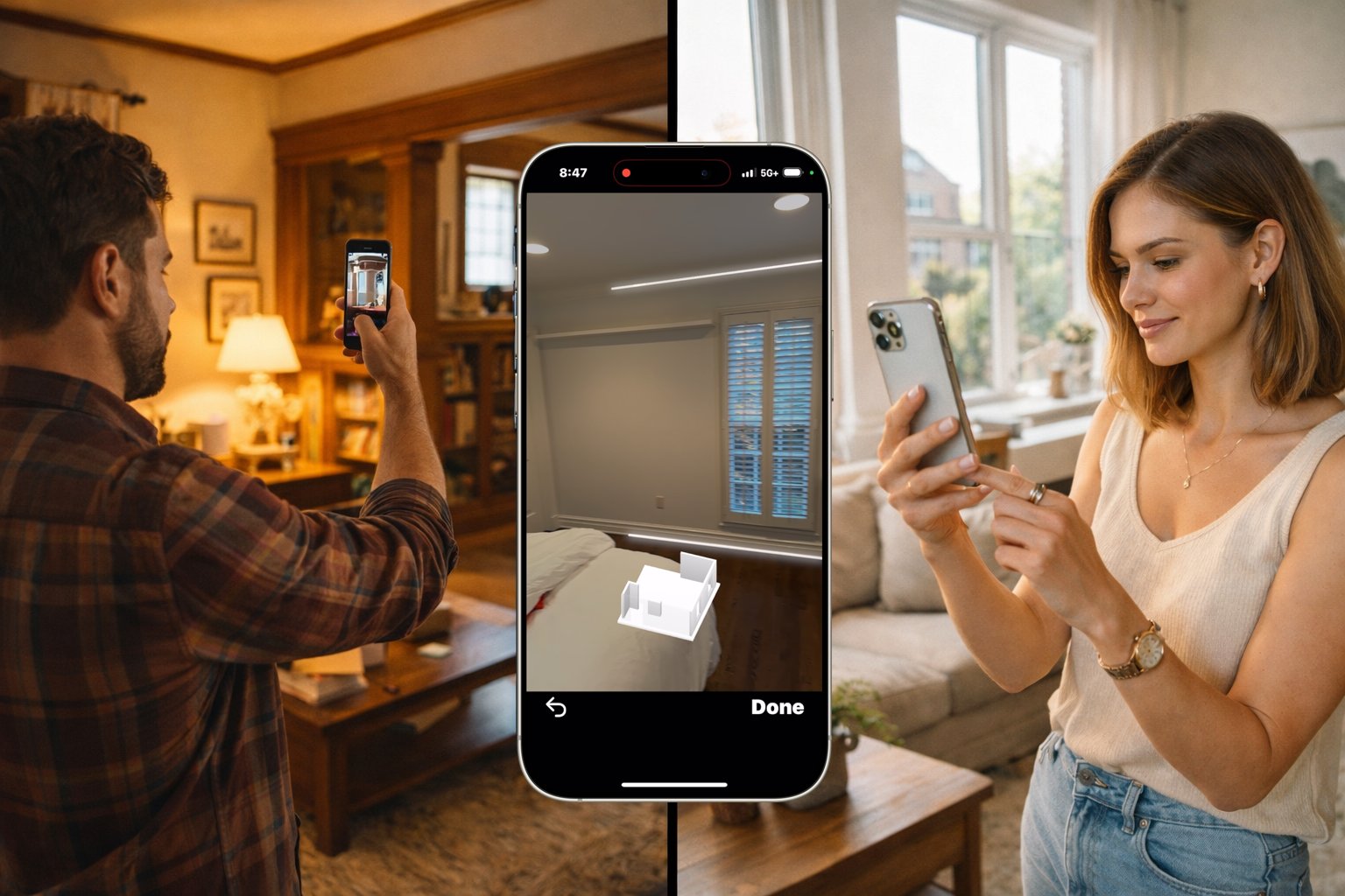 iPhone LiDAR room scanner capturing walls, doors, windows, and ceiling geometry for square footage calculator