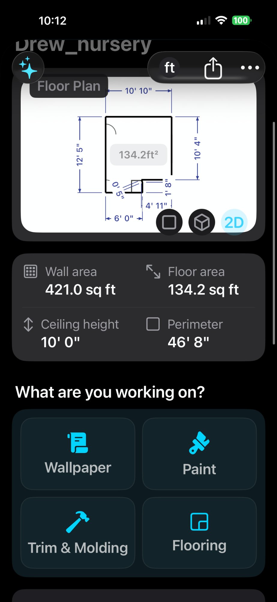 2D floor plan view with perimeter and room area from LiDAR capture