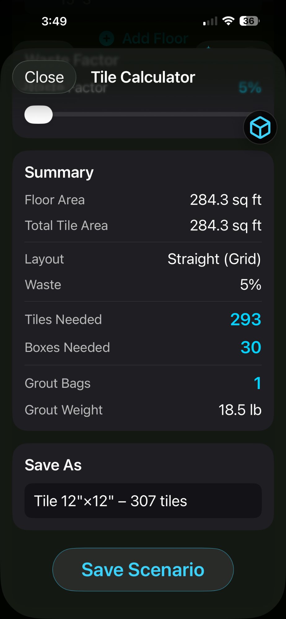 خلاصه محاسبه‌گر کاشی با تعداد، جعبه و برآورد دوغاب