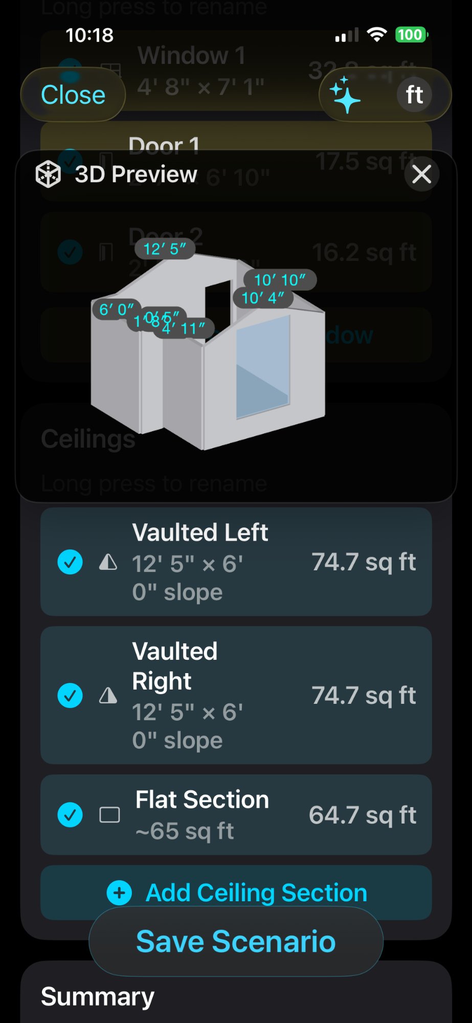 Baseboard and casing tool showing linear footage and piece counts