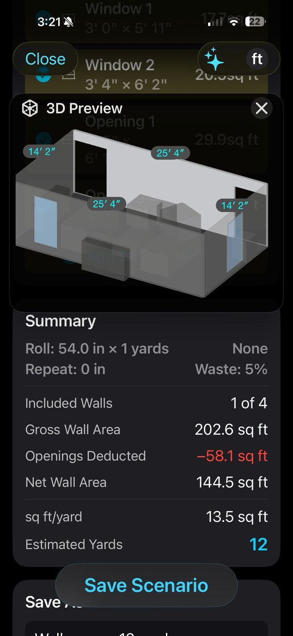 Результат оценки обоев focalScan: общая стена 202,6 sq ft, вычтенные проёмы 58,1 sq ft, чистая площадь 144,5 sq ft — оценка 12 ярдов, один полный болт широкого покрытия шириной 54 дюйма