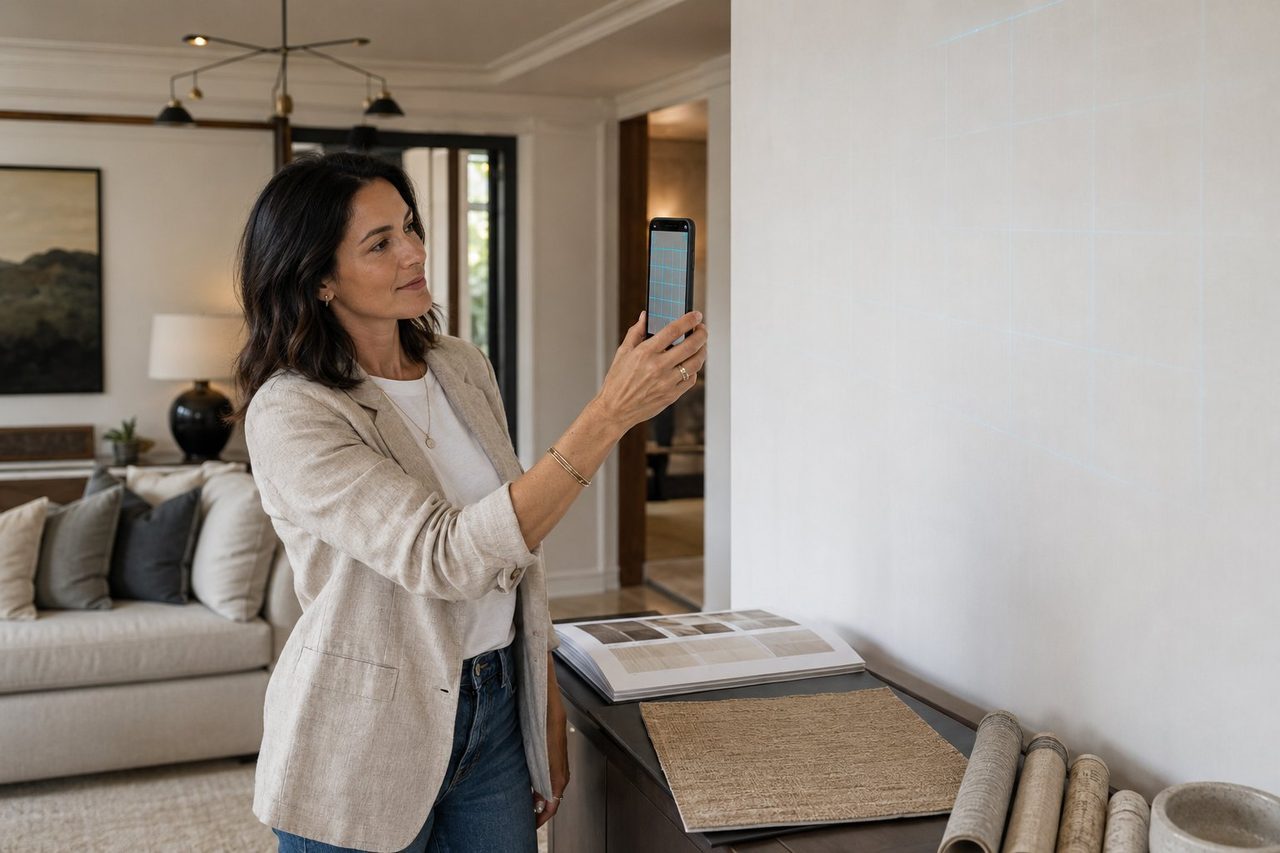 Interior designer using focalScan on iPhone to scan a primed accent wall before ordering Phillip Jeffries Tribeca Threads wallcovering