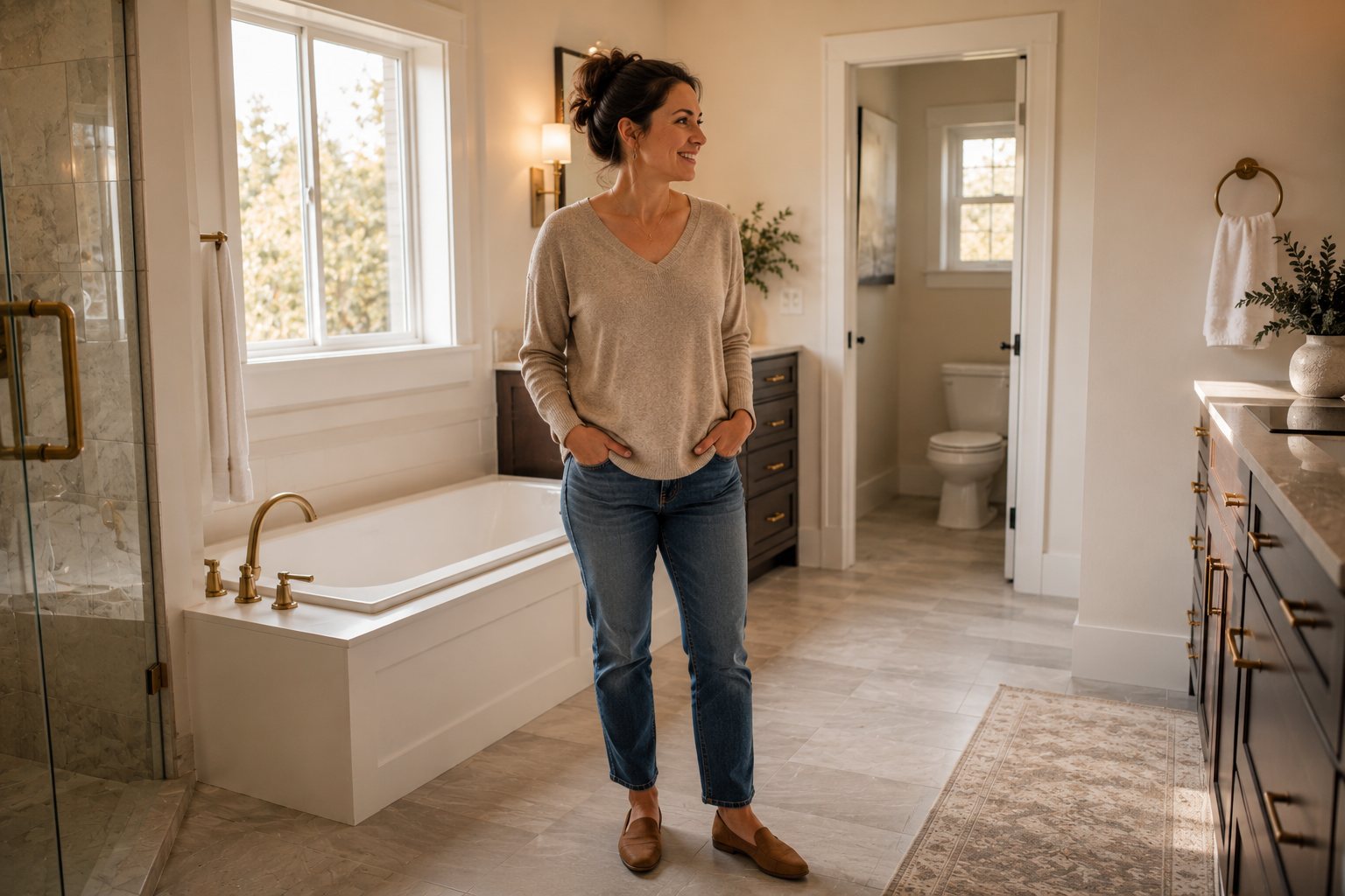 Finished master bathroom with 12-inch porcelain tile floor installed, brass fixtures and a marble shower surround — the completed remodel that used the focalScan tile calculator to order the right amount of tile in a single lot