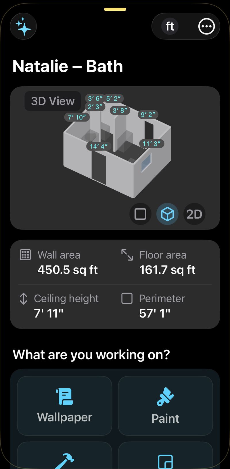 focalScan tile calculator 3D room scan of a bathroom with dimensions labeled around every wall — floor area 161.7 sq ft, wall area 450.5 sq ft, measured with iPhone LiDAR in about 10 seconds