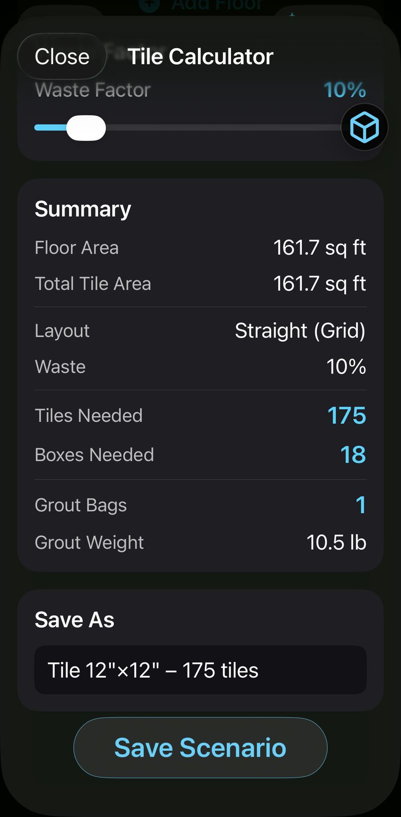 focalScan tile estimator result screen: floor area 161.7 sq ft, straight grid layout, 10 percent waste, 175 tiles needed, 18 boxes needed, 1 grout bag at 10.5 pounds — purchase-ready tile calculation