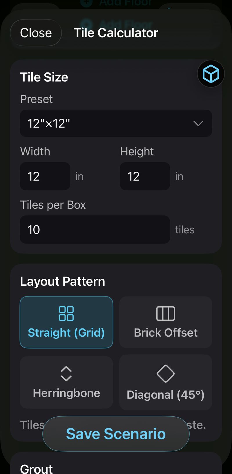 focalScan tile calculator Tile Size settings showing 12 by 12 inch porcelain preset, 10 tiles per box, and Straight Grid layout selected from Straight Grid, Brick Offset, Herringbone, and Diagonal options