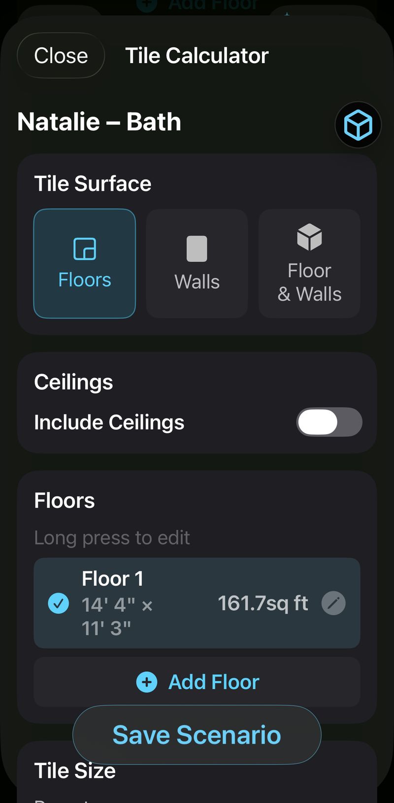 focalScan tile calculator Tile Surface selector showing Floors, Walls, and Floor and Walls options with a separate Ceilings toggle — choose which surfaces the tile estimate should cover