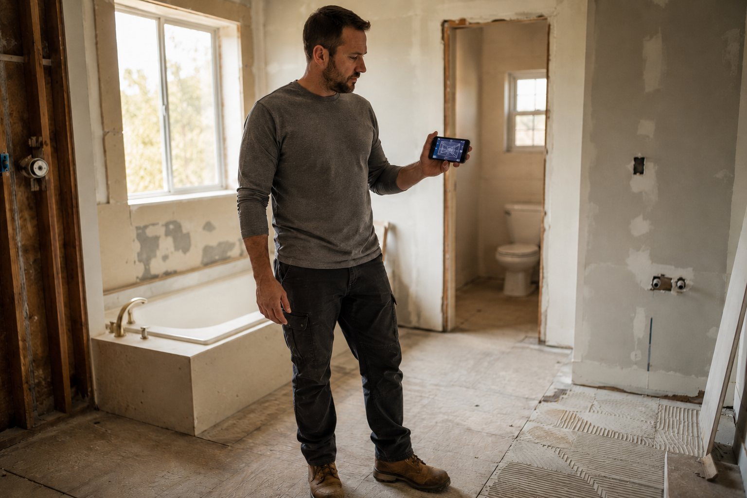 Tile installer using the focalScan tile calculator app on iPhone to scan a bathroom before ordering 12-inch porcelain floor tile — LiDAR room scan interface visible on phone screen, exposed studs and old tub still in place